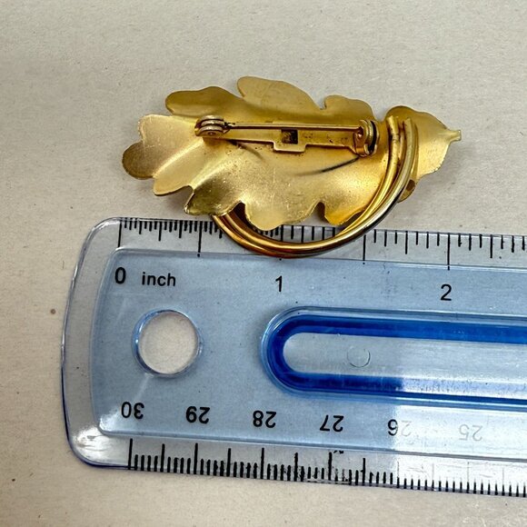 Vintage Leaf Brooch Gold-Tone Imitation Pearl MCM Mid-Century Nature Retro - Picture 11 of 11